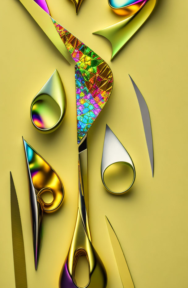 Geometric shapes in metallic gold and rainbow hues on a yellow background