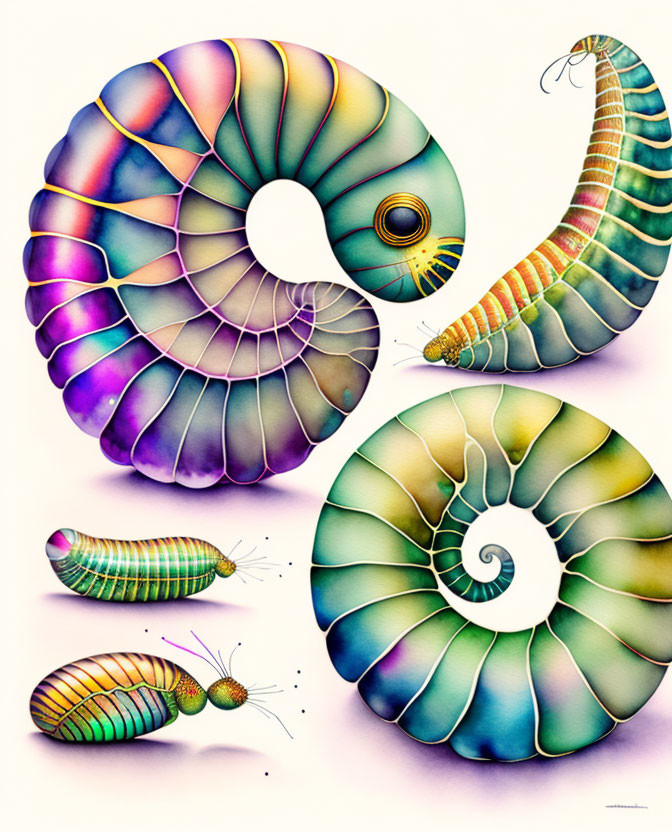 Vibrant illustration of stylized snails with iridescent shells