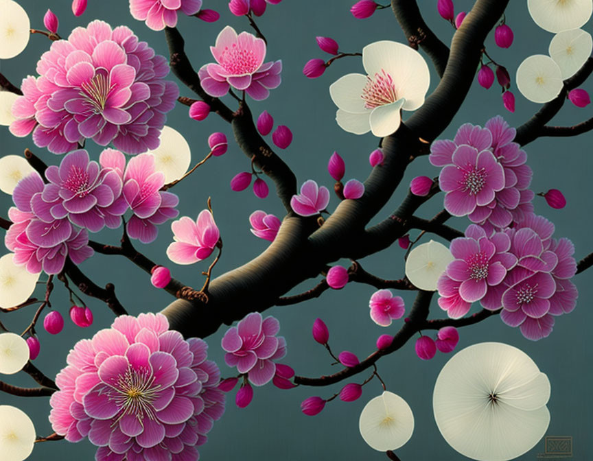 Vibrant pink and white blossoming tree on teal background