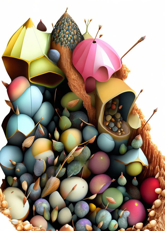 Colorful Easter-themed basket with eggs and umbrellas illustration