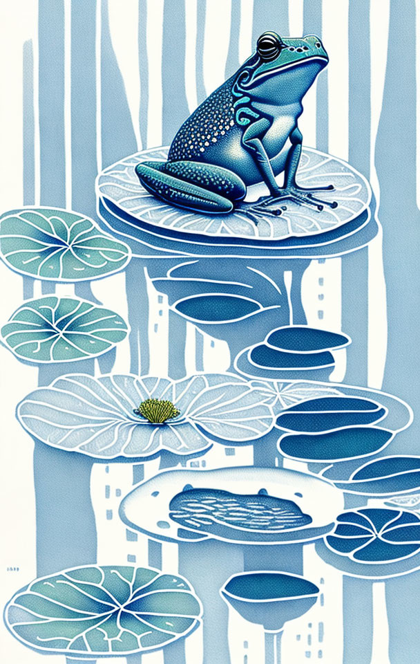 Blue frog on lily pad: Stylized blue and white nature pattern