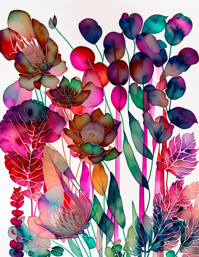 Colorful Translucent Floral Artwork with Red, Purple, and Blue Blooms