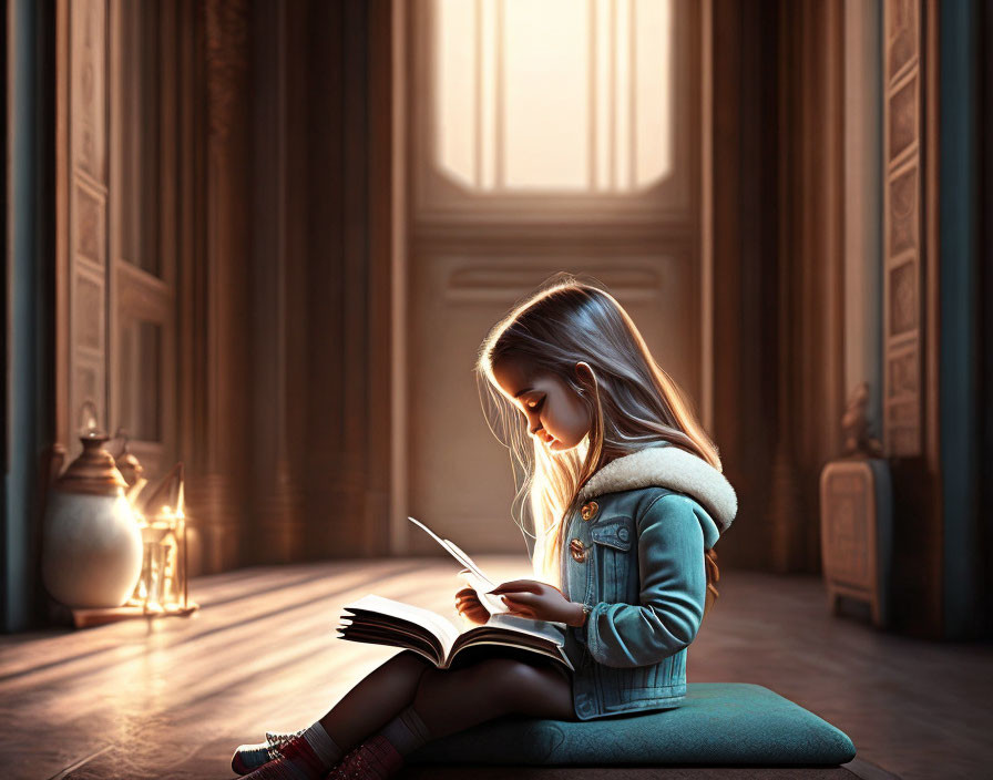 Young girl reading in grand hallway with lantern and sunlight