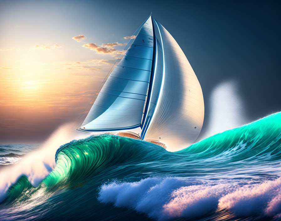 Sailboat with billowing sails on vibrant teal ocean waves at sunset