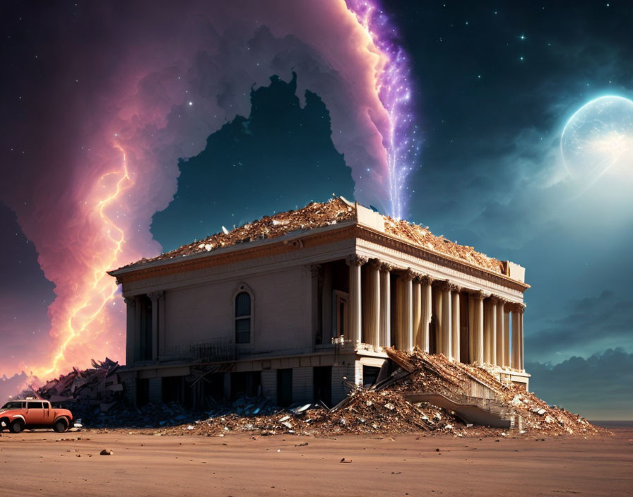 Destroyed classical building and car in apocalyptic scene under cosmic sky