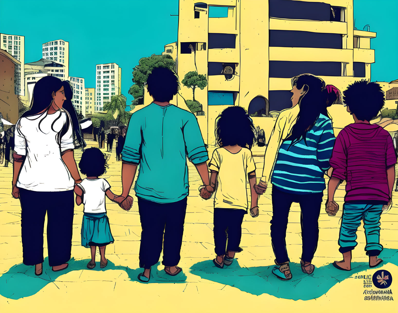 Family Holding Hands in Urban Setting with Buildings and Blue Sky