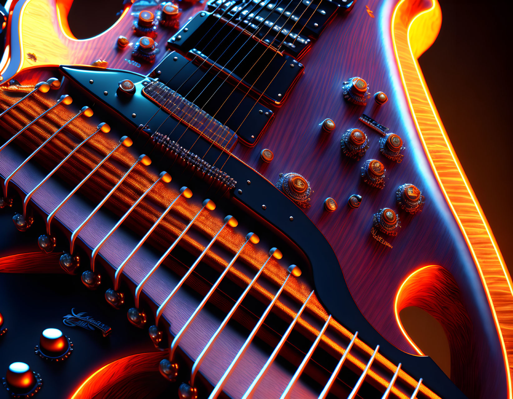 Detailed Close-Up of Blue Electric Guitar with Glowing Orange Neon Outline