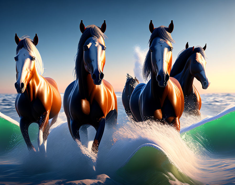 Majestic horses galloping in ocean waves at sunset