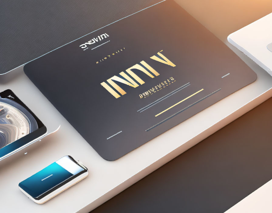 Sleek laptop, smartphone, and wristwatch on reflective surface