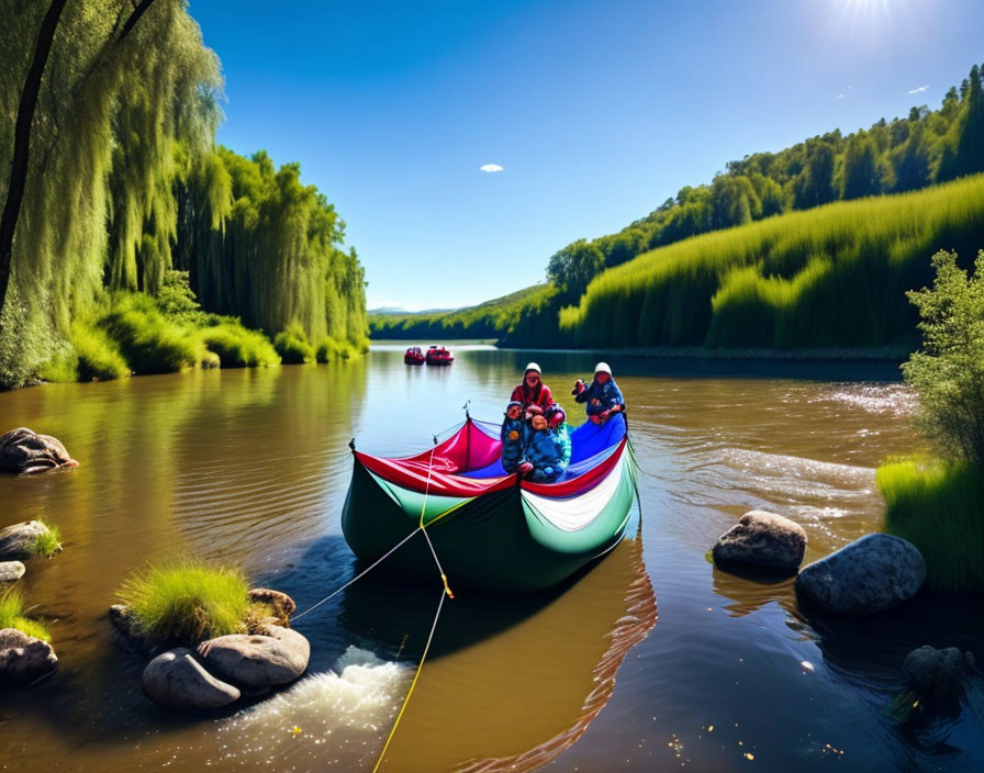 Group of people in life jackets canoeing on serene river amid lush greenery