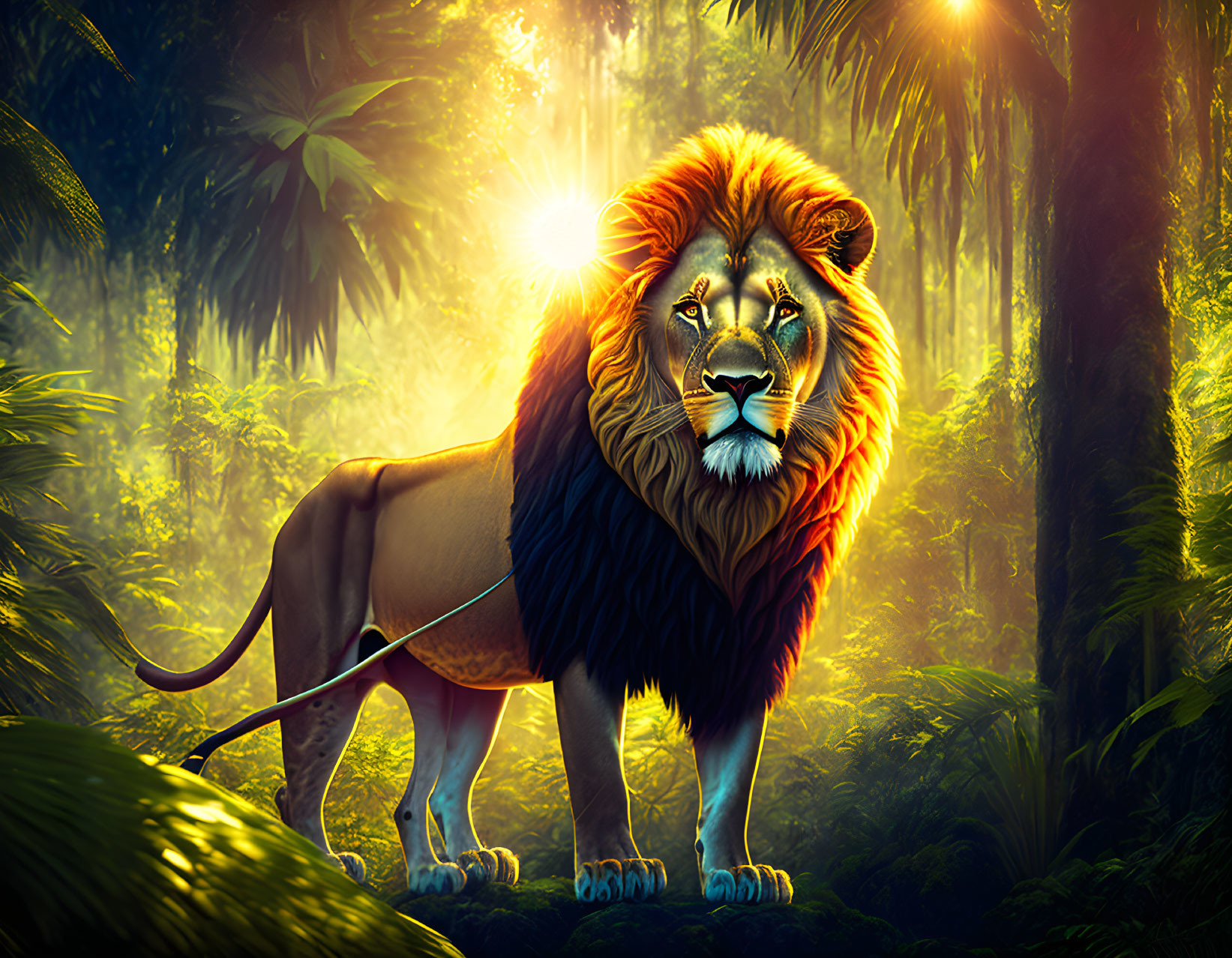 Majestic lion in lush jungle with sunlight piercing through foliage