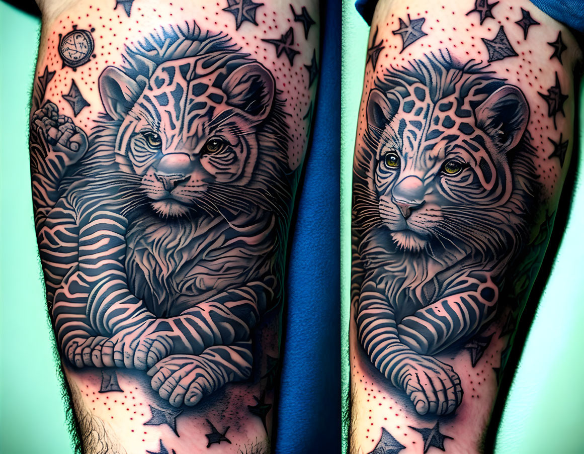 Tiger Cub Tattoo with Stars and Geometric Patterns on Forearm