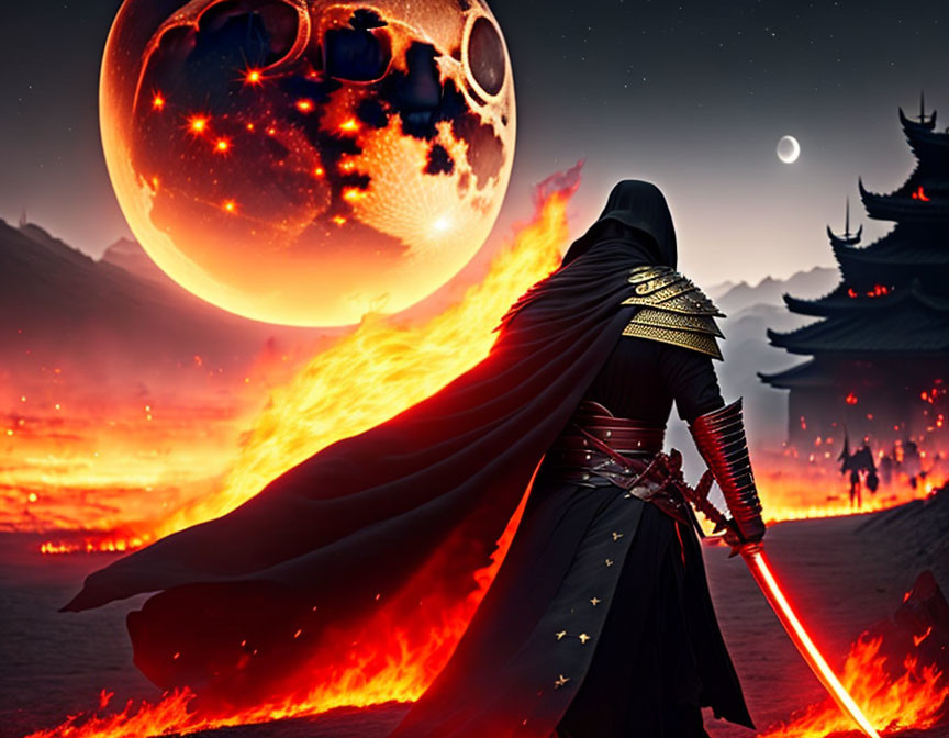 Cloaked figure with red lightsaber in lava landscape with Chinese structures