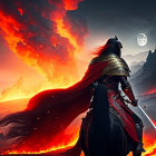 Cloaked figure with red lightsaber in lava landscape with Chinese structures