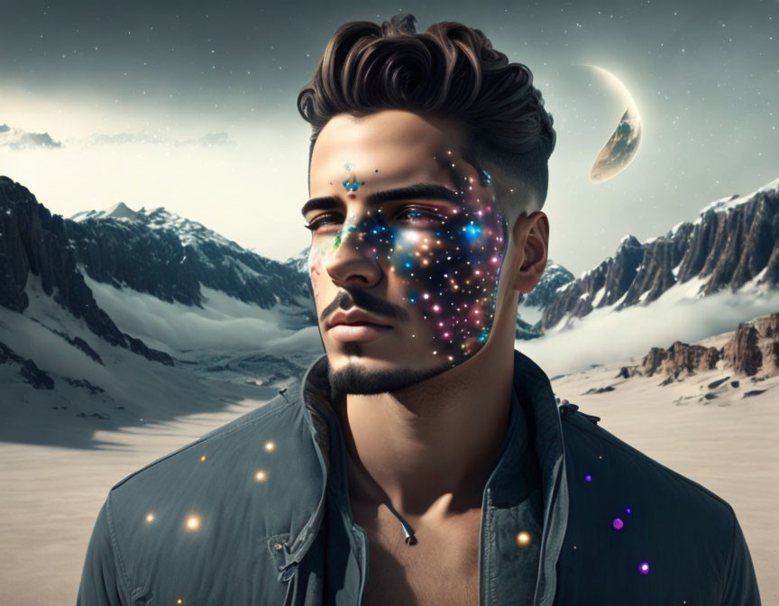 Man with cosmic galaxy on face in snowy mountain landscape