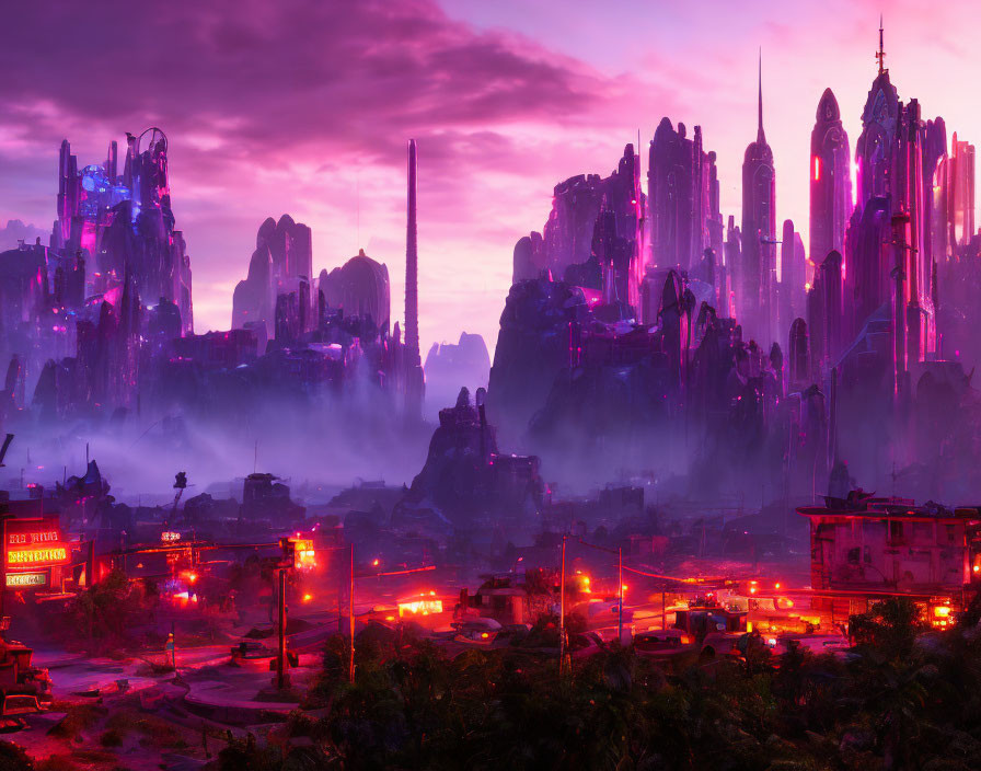 Futuristic cityscape at twilight with neon lights