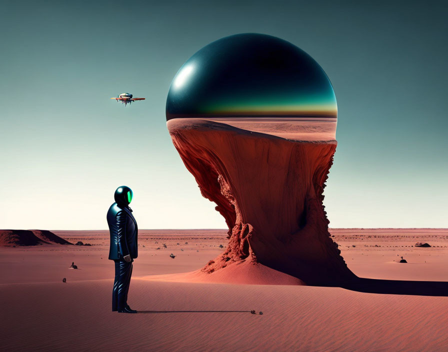 Spacesuit-wearing person gazes at levitating sphere in desert with drone.