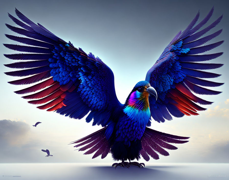 Colorful bird with outstretched wings in serene sky scene