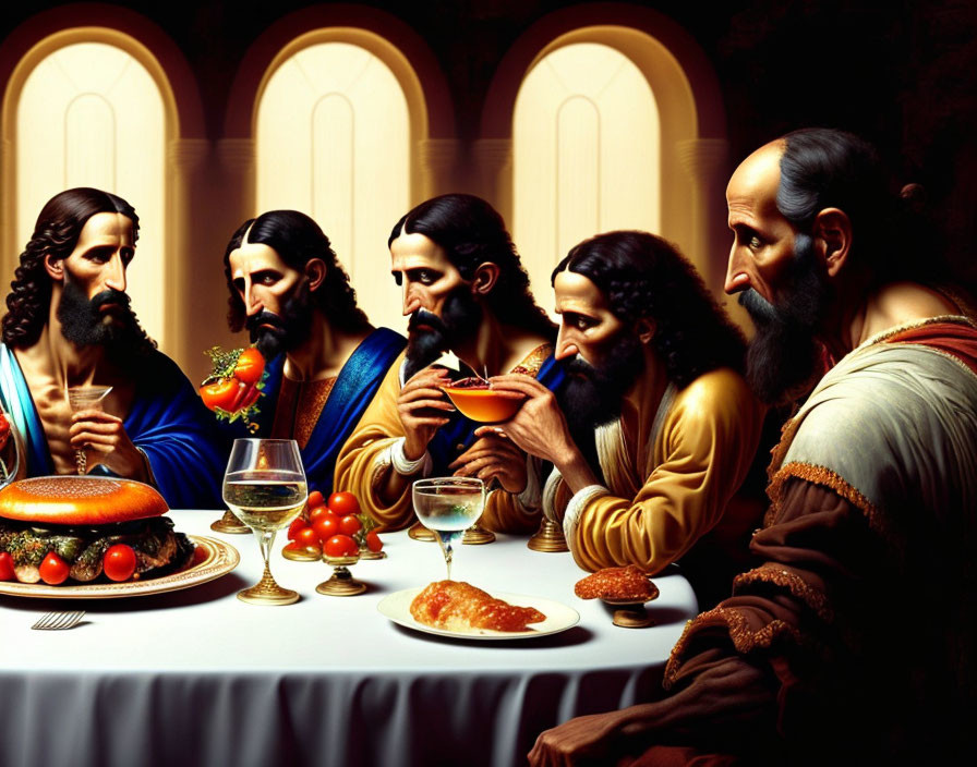 Detailed Last Supper illustration with figures at a table filled with food and drink.