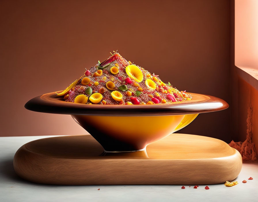 Colorful Dish with Edible Flowers and Herbs on Dark Brown Bowl