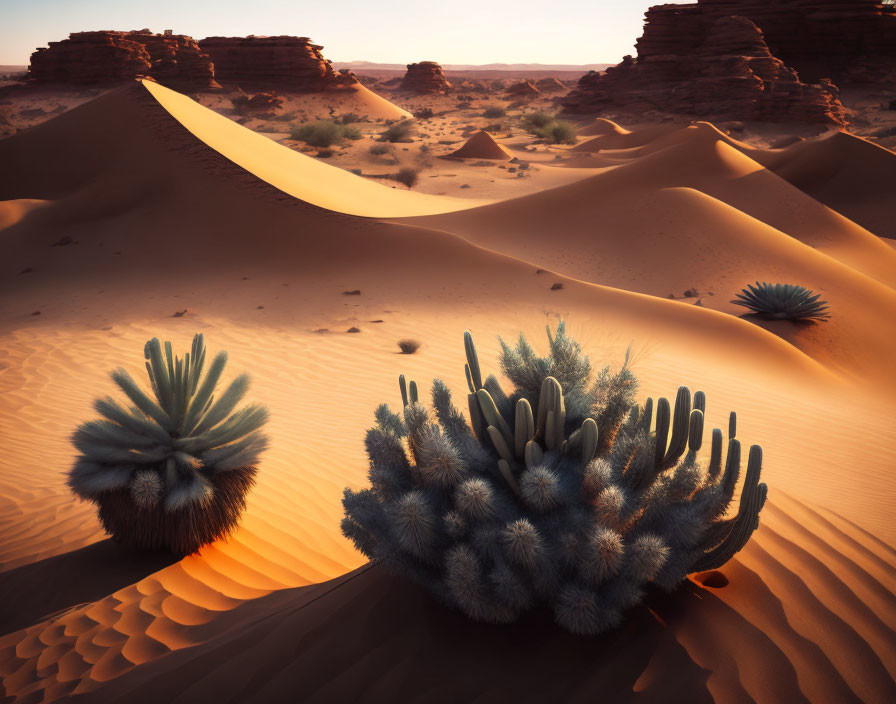 Golden Hour Desert Landscape with Sand Dunes and Spiky Plants