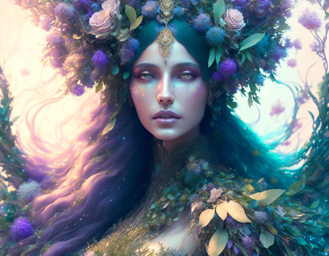 Portrait of woman with purple hair and floral crown on dreamy backdrop