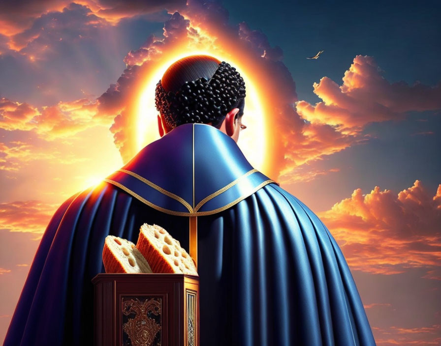 Figure with Halo in Blue Cloak Facing Vibrant Sky with Bread and Book