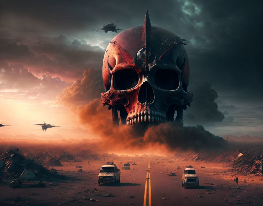 Giant skull with helmet in apocalyptic landscape with helicopters and abandoned vehicles