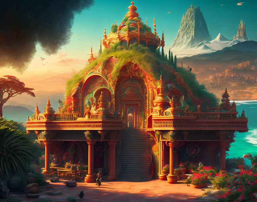 Fantastical building with greenery, mountains, and warm sky