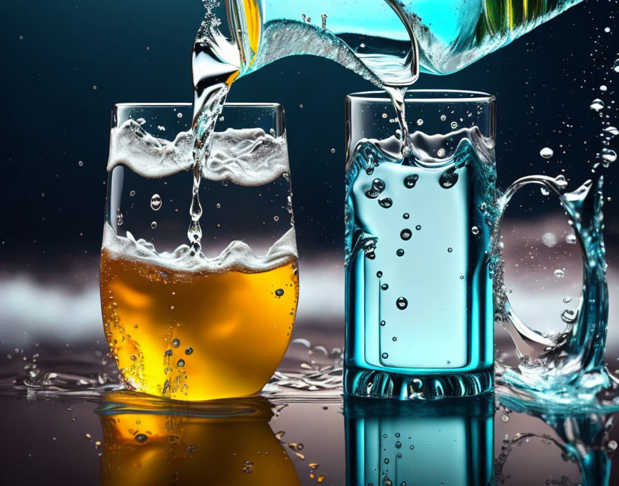 Liquid-filled glasses with bottle pouring, splashes, reflections on dark background