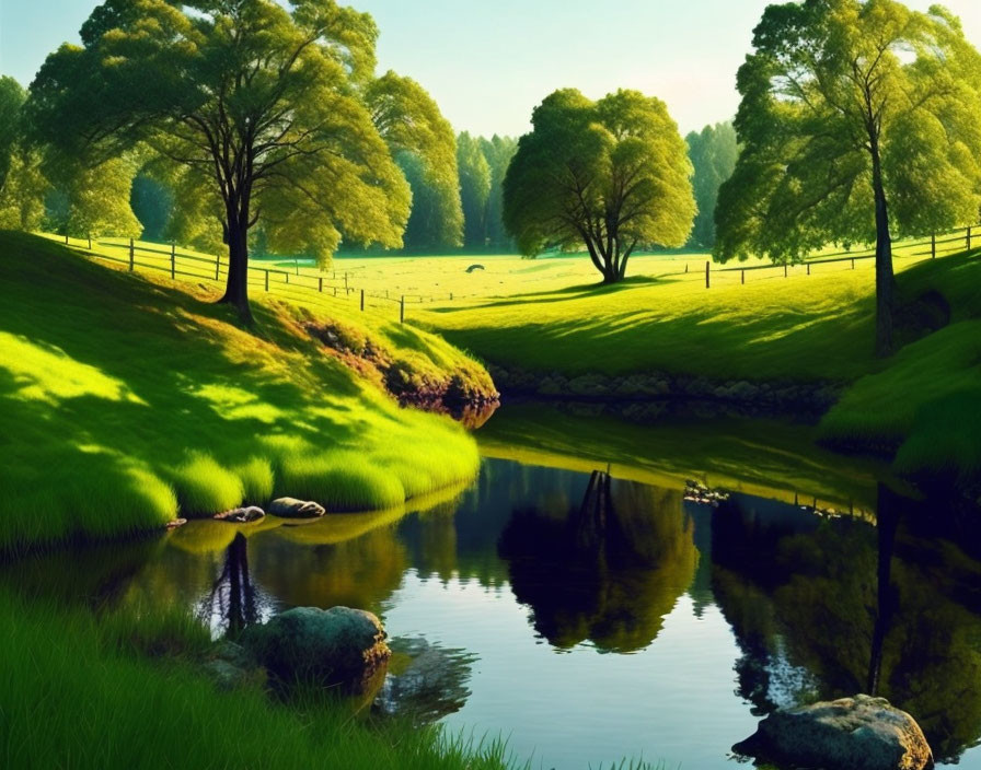 Tranquil river with lush meadow, grazing sheep, and clear blue sky