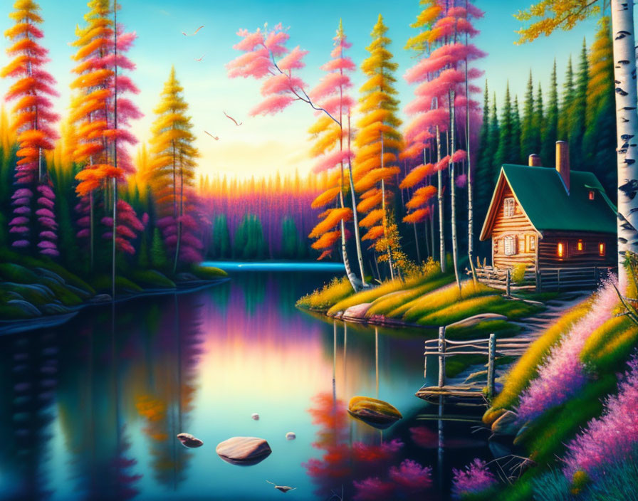 Vibrant landscape: serene lake, cabin, pink and yellow trees, clear blue sky at sunset