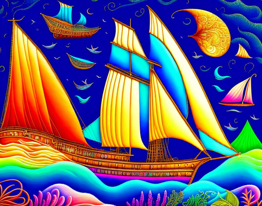 Colorful sailing ships on wavy seas under a night sky with stars, moons, seagulls