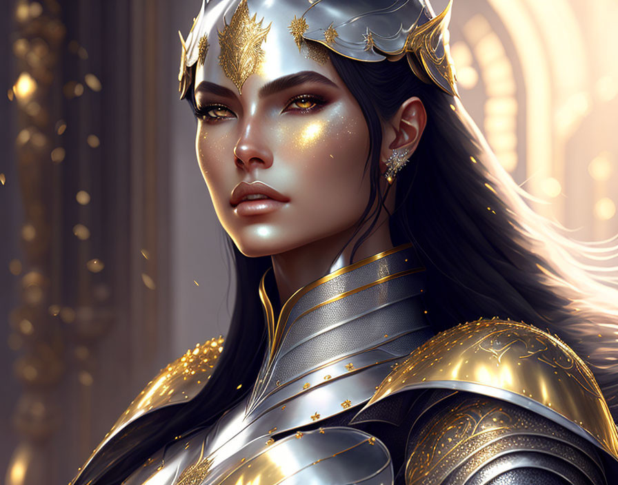 Regal woman in golden armor and helmet against glowing backdrop