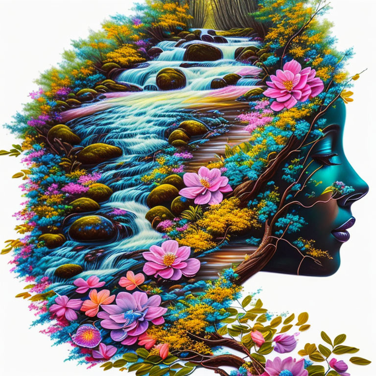 Colorful woman profile merges with waterfall landscape & lush flora