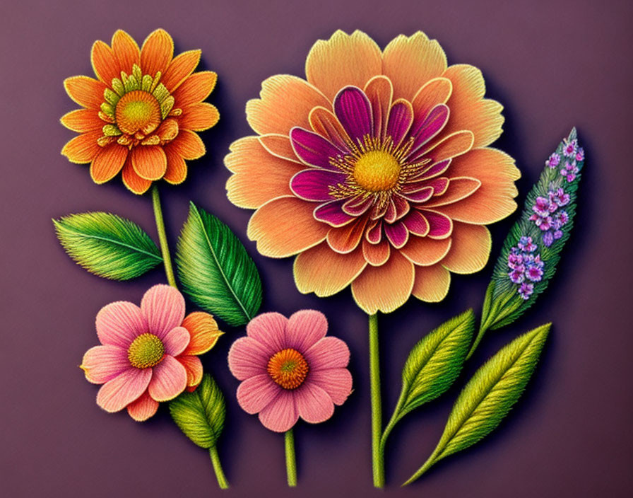 Colorful Flower Embroidery on Purple Background