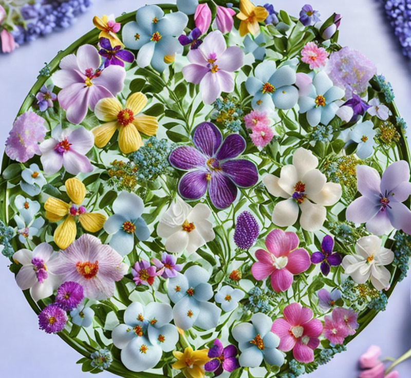 Assorted colorful flowers on blurred floral background