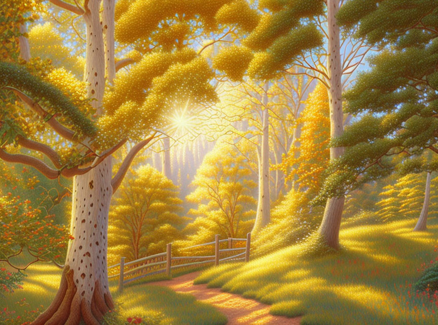 Vibrant forest scene with sunlight filtering through trees