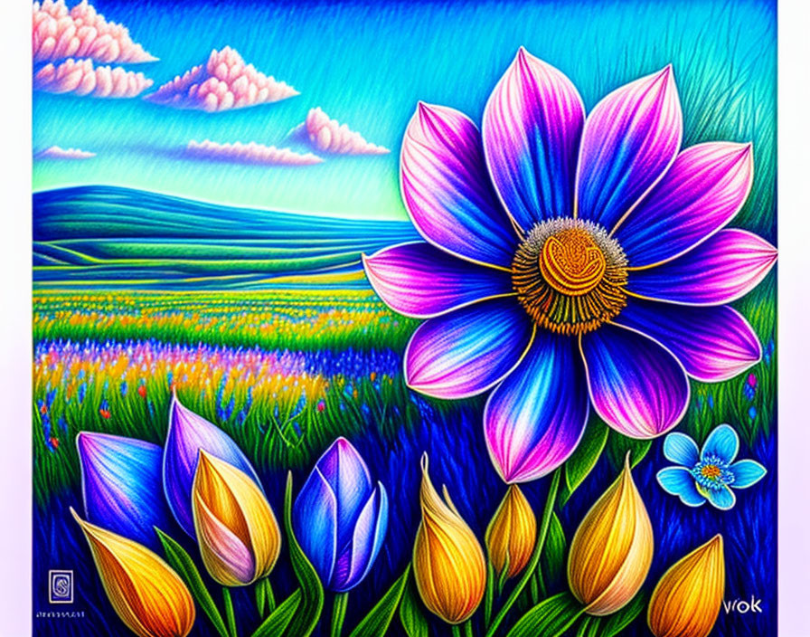 Colorful flower painting in picturesque landscape