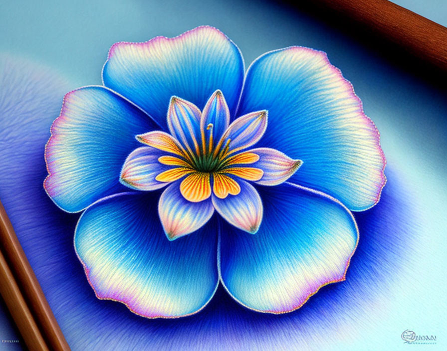 Colorful digital artwork of blue flower with pink edges and yellow center, with colored pencils