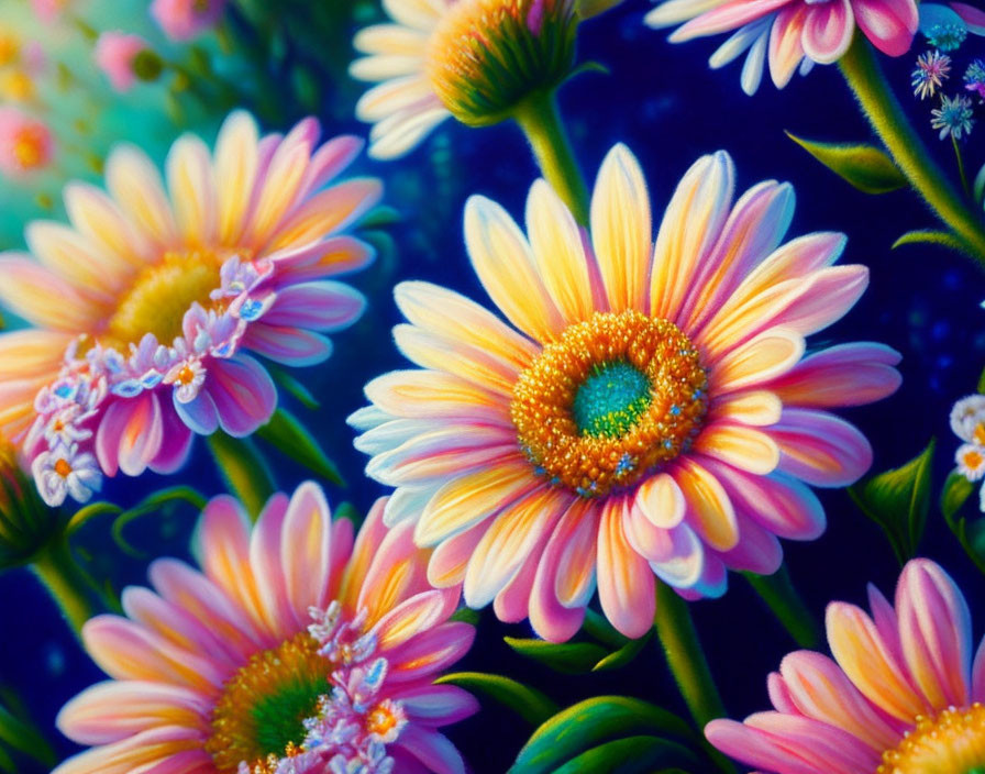 Colorful close-up of pink and yellow daisies on bright blue backdrop