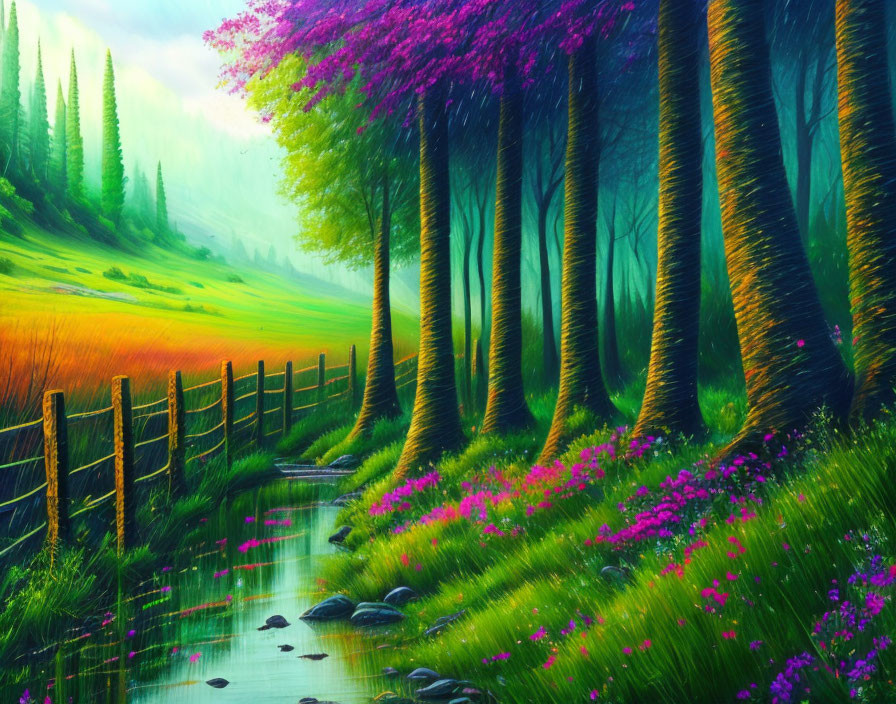 Colorful Landscape Painting: Serene Meadow with Stream, Flowers, Fence, Trees, and Magical Sky