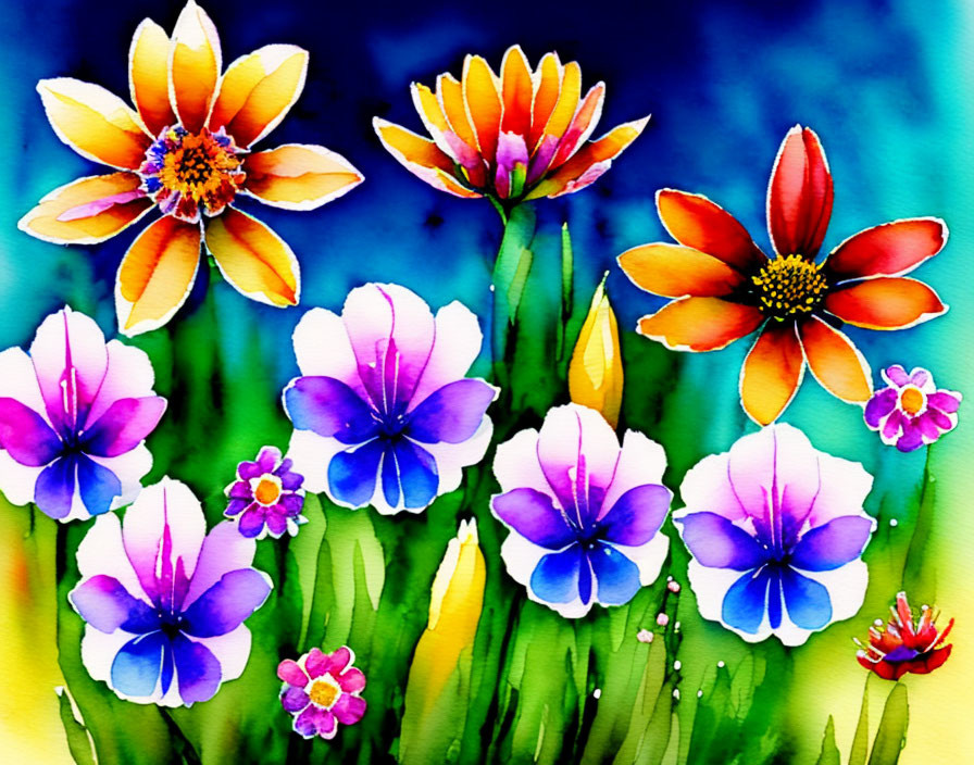 Colorful Flowers Watercolor Painting on Blue and Green Gradient Background