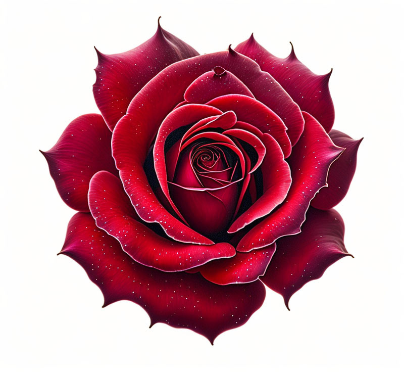 Vibrant red rose with dewdrops on petals unfolding symmetrically