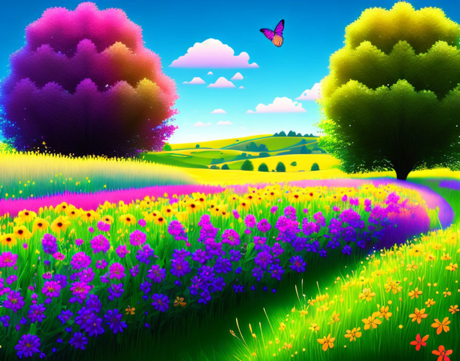 Colorful Flowers, Green Trees, Rolling Hills, Clear Sky, Butterfly in Vibrant Landscape