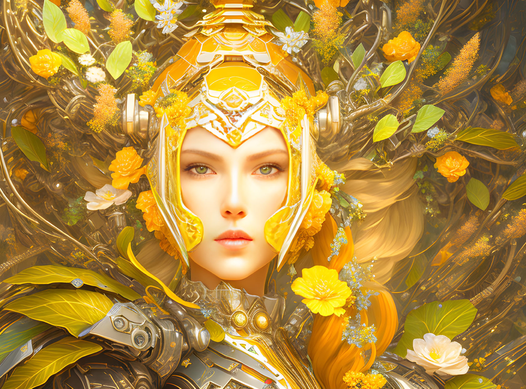 Fantasy portrait of woman in golden armor with floral headgear and intricate metallic backdrop