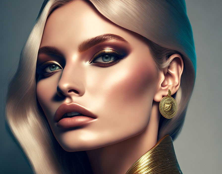 Platinum Blonde Woman with Gold Makeup and Bold Eyebrows