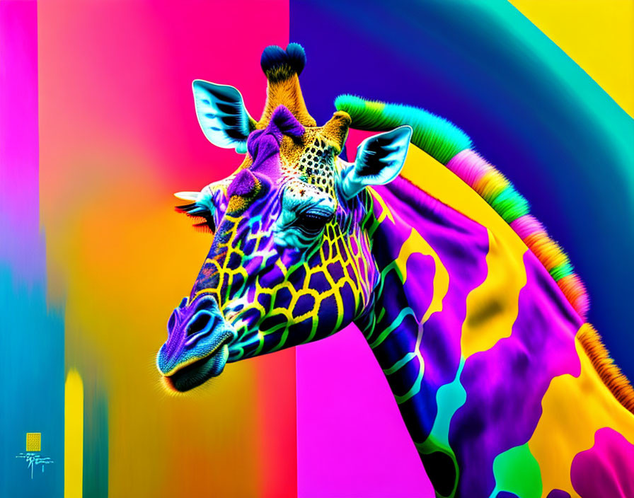 Colorful Giraffe Artwork with Rainbow Palette on Multicolored Background