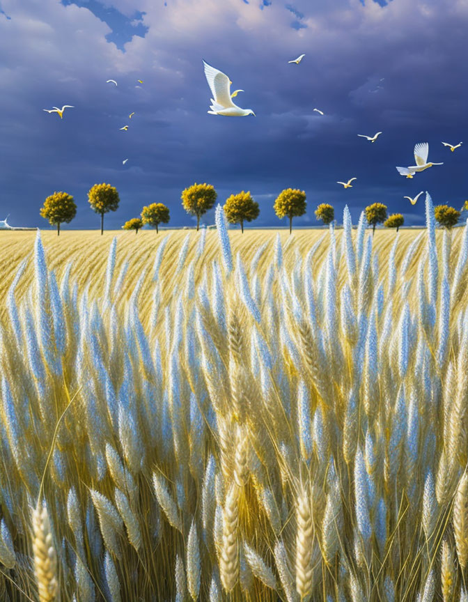 Golden wheat field with tall trees and stormy sky.