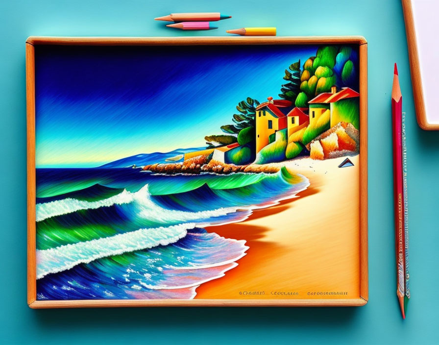 Colorful coastal scene drawing with waves, beach, and houses on drawing board